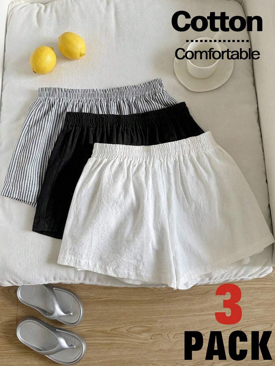 Bộ 3 quần short dệt không co giãn kẻ sọc đen trắng dành cho nữ tuổi teen. - Nhiều màu - Xem 1