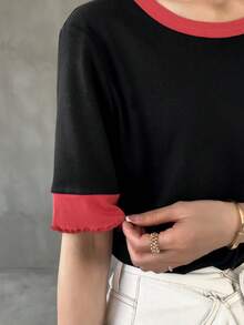 FRIFUL 女士春夏短袖撞色罗纹圆领休闲宽松百搭T恤 - 黑色 - 查看 6