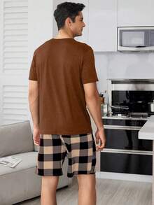 Snug Zone Conjunto de camisa de manga corta a cuadros y pantalones cortos con cordón, ropa de verano para hombre - Café integral - Ver 2