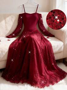 Modelyn Elegant Off-Shoulder Sequin Patchwork Long Sleeve Dress, Luxury Shiny Formal Party Gown For Women - Burgundy - View 2