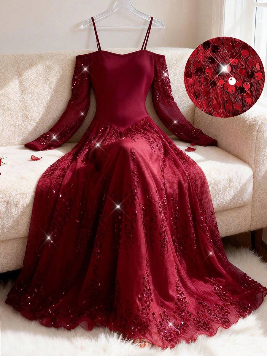 Modelyn Elegant Off-Shoulder Sequin Patchwork Long Sleeve Dress, Luxury Shiny Formal Party Gown For Women