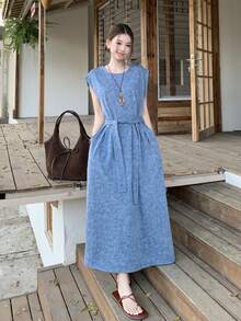 DAZY Women's Round Neck Sleeveless Casual Long Dress With Youthful Elegant Style - Aqua Blue - View 4