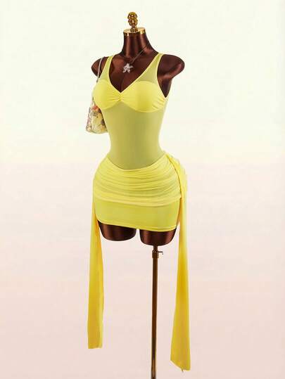 Amplova Women's Solid Color Mesh Patchwork V-Neck Sleeveless Mid-Length Dress