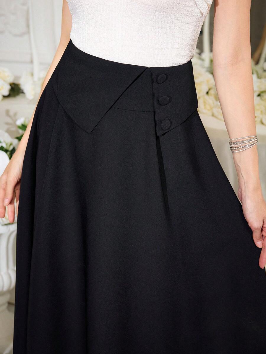 Modelyn Elegant Commuter Waist Folding Women's Skirt - Black - View 1
