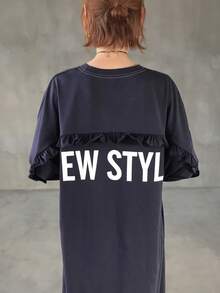 FRIFUL Vestido casual de mujer con patrón de letras, volantes y hombros caídos de manga larga, otoño - Azul Marino - Ver 5