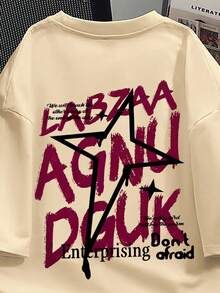 Manfinity Dauomo 男士美式街头复古涂鸦字母星形印花T恤，夏季宽松休闲短袖上衣 - 卡其色 - 查看 4