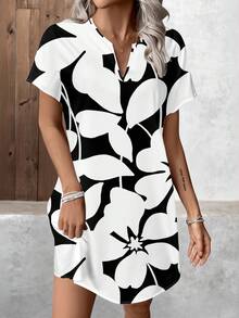 SHEIN LUNE 女士休闲碎花V领梭织短款连衣裙，适合春夏穿着 - 彩色 - 查看 3