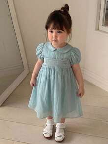 DAZY Baby Girl Sweet Peter Pan Collar Petal Sleeve Vacation Style Princess Party Dress, Summer - Blue - View 2