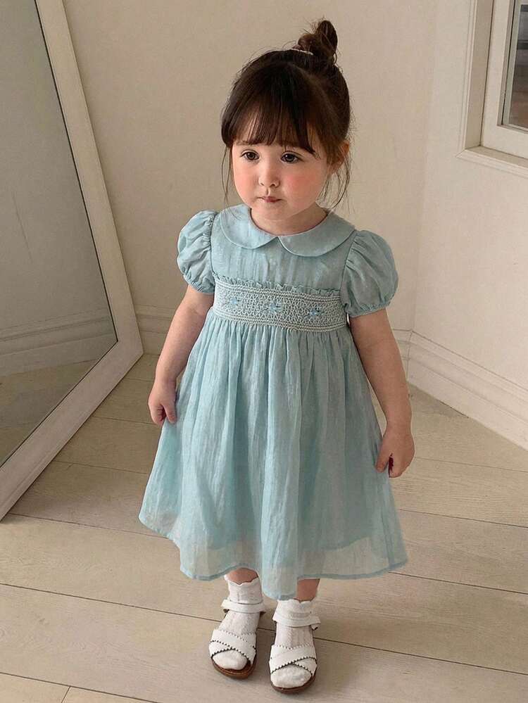 Baby Girl Sweet Peter Pan Collar Petal Sleeve Vacation Style Princess Party Dress, Summer Toddler Girls Clothes