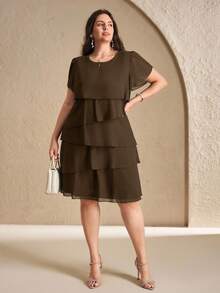 Chikora Vestido de Festa de Encontro da Moda com Decote Redondo e Cor Sólida para Mulheres Plus Size - Castanho - Visão 5