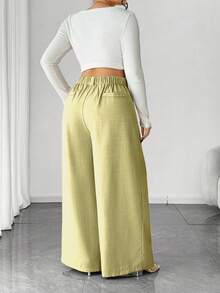 Elenzga Pantalones anchos de color beige sólido para mujer de talla grande, de estilo elegante, de moda para ir al trabajo y la oficina - Amarillo - Ver 2