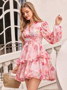 Amorya 春夏浪漫假日优雅粉色印花灯笼袖女式夏季可爱迷你连衣裙，适合度假、约会、假日、派对、毕业典礼、婚礼宾客、海滩等场合，甜美优雅，可作舞会礼服、女士夏季连衣裙、夏季服装。 - 彩色 - 查看 9