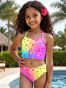 SHEIN 渐变印花，海滩度假风，少女休闲简约修身吊带背心和三角比基尼泳衣套装，适合夏季休闲度假，#椰子女孩 - 彩色 - 查看 2