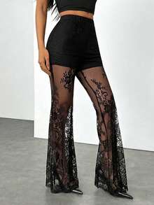 SHEIN PETITE Women's Sexy Elegant Lace Sheer Flare Pants - Black - View 3