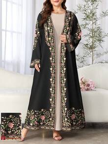 SHEIN Najma 大码女式花卉植物数码印花长袖休闲阿拉伯长袍，春秋季 - 彩色 - 查看 1