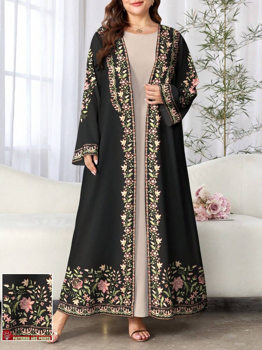 SHEIN Najma 大码女式花卉植物数码印花长袖休闲阿拉伯长袍,春秋季 - 彩色 - 查看 1