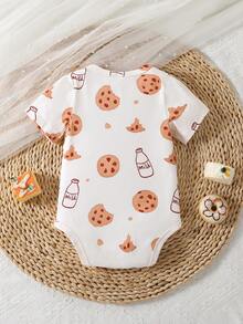 SHEIN Pelele de manga corta con cuello redondo y estampado de comida de dibujos animados para bebé niño - Caqui - Ver 2