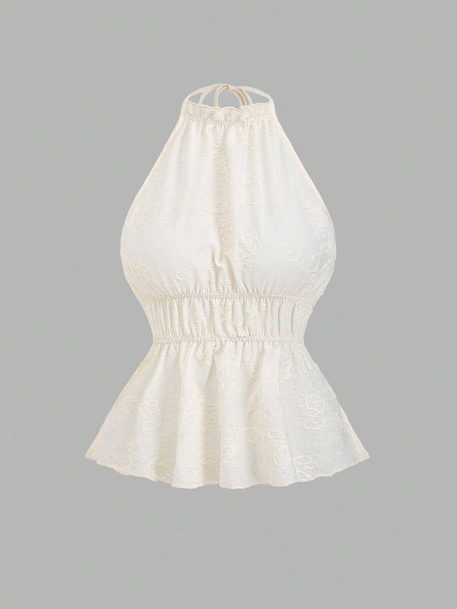 Sunnyshic Spring/Summer Women's Fashion Apparel, French Embroidered Vacation Style Halter Backless Sweet Sleeveless Blouse - Apricot - View 1