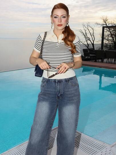 Gretanique Women Contrast Striped Casual Short Sleeve Knit Sweater Fall