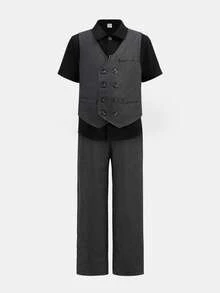 SHEIN 青少年男童休闲返校套装，纯色Polo衫搭配灰色马甲西装外套、腰带和裤子两件套，黑色衬衫，基础款上衣，黑色西装套装，灰色西装套装，黑色西装套装，适合通勤、上学、旅行、春夏、生日派对、晚宴、演出、婚礼季、圣诞节、盛会、情人节等场合。 - 彩色 - 查看 3
