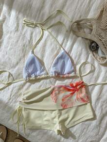 Swim Vcay 女士泳装比基尼，可爱芙蓉花夏季印花，黄色度假比基尼平角泳裤，内置胸罩的露脐背心吊带泳衣，适合度假、海滩、花园婚礼宾客穿着，优雅套装，适合女士派对度假，都市海滩波西米亚风，2026春夏沙滩装 - 粉色 - 查看 2