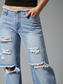 Denimoi Low Rise Distressed Denim Jeans Sexy Jeans Y2K Fashion Low Rise Jeans GNO Concert Clubwear - Light Wash - View 2
