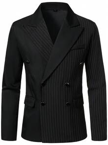 Manfinity Mode Bộ vest công sở nam kiểu Anh, ve áo kẻ sọc, hai hàng khuy, tay dài. - màu đen - Xem 6