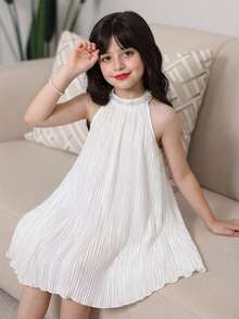 SHEIN 少女纯色露背仿珍珠装饰休闲日常连衣裙 - 紅色 - 查看 6