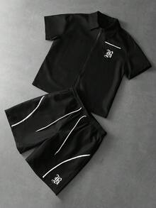 PAVTROS 男士街头风，多功能INS风设计：印花宽松休闲衬衫短裤套装，适合街头穿搭、日常休闲、周末郊游、音乐节、社交聚会等各种场合。这套服装是男士衣橱中不可或缺的百搭单品，也是送给男友或丈夫的绝佳礼物。 - 黑色 - 查看 3