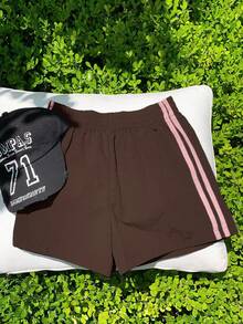 Comfortcana Women's Elastic Waist Brown Striped Shorts,Summer Athleisure Gym Casual Sports Loose Contrast Pink Side Stripe Versatile Daily Street Wear Cargo - Brown - View 4