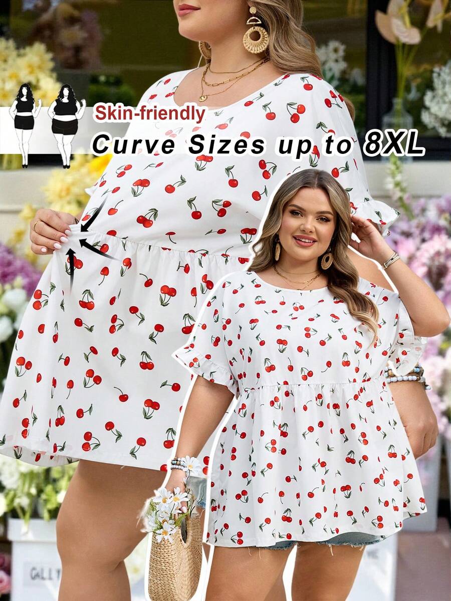 SHEIN CURVE+ Curve 加大码 US22 音乐节、海滨度假、波西米亚风 CURVE PLUS / / 女士时尚宽松圆领蕾丝袖绿色衬衫 波西米亚风度假 - 白色 - 查看 1