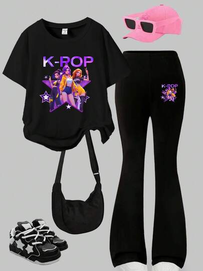 Sparklyn Tween Girl Kpop Graphic Print Crew Neck Short Sleeve Casual Comfortable Black T-Shirt And Black Flare Pants Set, Suitable For Winter, Everyday Wear, Outings