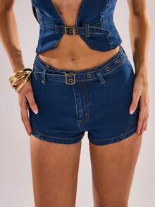 SHEIN BAE Damen Eng anliegende Lässig Denim-Shorts mit Mais Schwiele Schnallen Design, Sommer Outfits für Frauen Denim-Shorts für Frauen, Damen Shorts Denim Denim-Shorts Y2k, Sommer Outfits für Frauen, Festival Outfits für Frauen, Denim-Shorts, Urlaubs Outfits für Frauen, Sommer Shorts - Dunkle Waschung - Übersicht 4