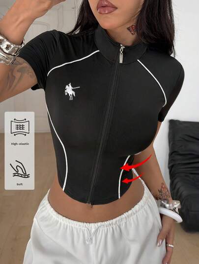 Coolane 女士春季街头休闲运动日常穿搭图案刺绣弹力抹胸高领短袖露脐上衣