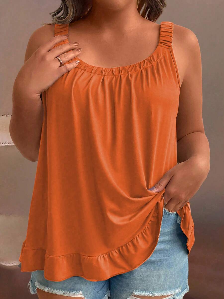 SHEIN Casual Boho Burnt Orange Plus Size Camisole With Scoop Neck And Ruffle Hem Vacation Summer Vacation - Orange - View 1