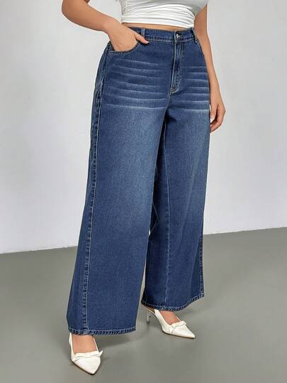 Auralis Plus Size Contrast Color Pocket Elegant Fashion Wide Leg Jeans