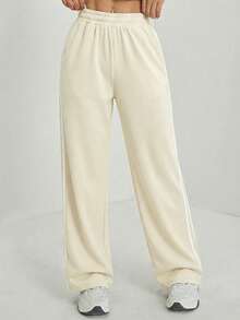 SHEIN PETITE Quần thể thao nữ thường ngày với đường may sọc bên hông và cạp chun. - Màu be - Xem 3