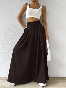 SHEIN EZwear 大码纯色褶裥休闲阔腿裤，春夏款 - 棕色 - 查看 6