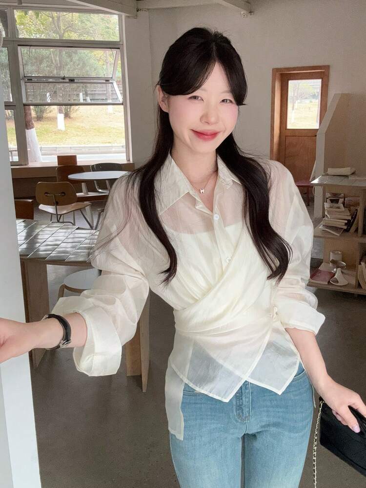 Women's Ivory Tencel Shirt With Waist Cinching Design, Cross Front Long Sleeve Blouse