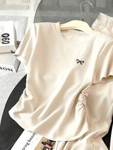 Resyla 女士春夏新款可爱蝴蝶结印花两件套，休闲百搭 - 杏色 - 查看 4