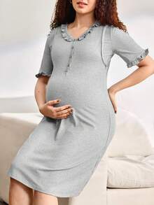 Moonlight&Mama Comfortable, Casual, Soft Ruffled Nursing Maternity Nightgown - Grey - View 3