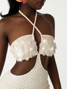 Amplova Women's Beaded Camisole Mini Dress, Sexy Backless Halter Neck With Hollow Waist Design, Suitable For Beach Vacation - White - View 6