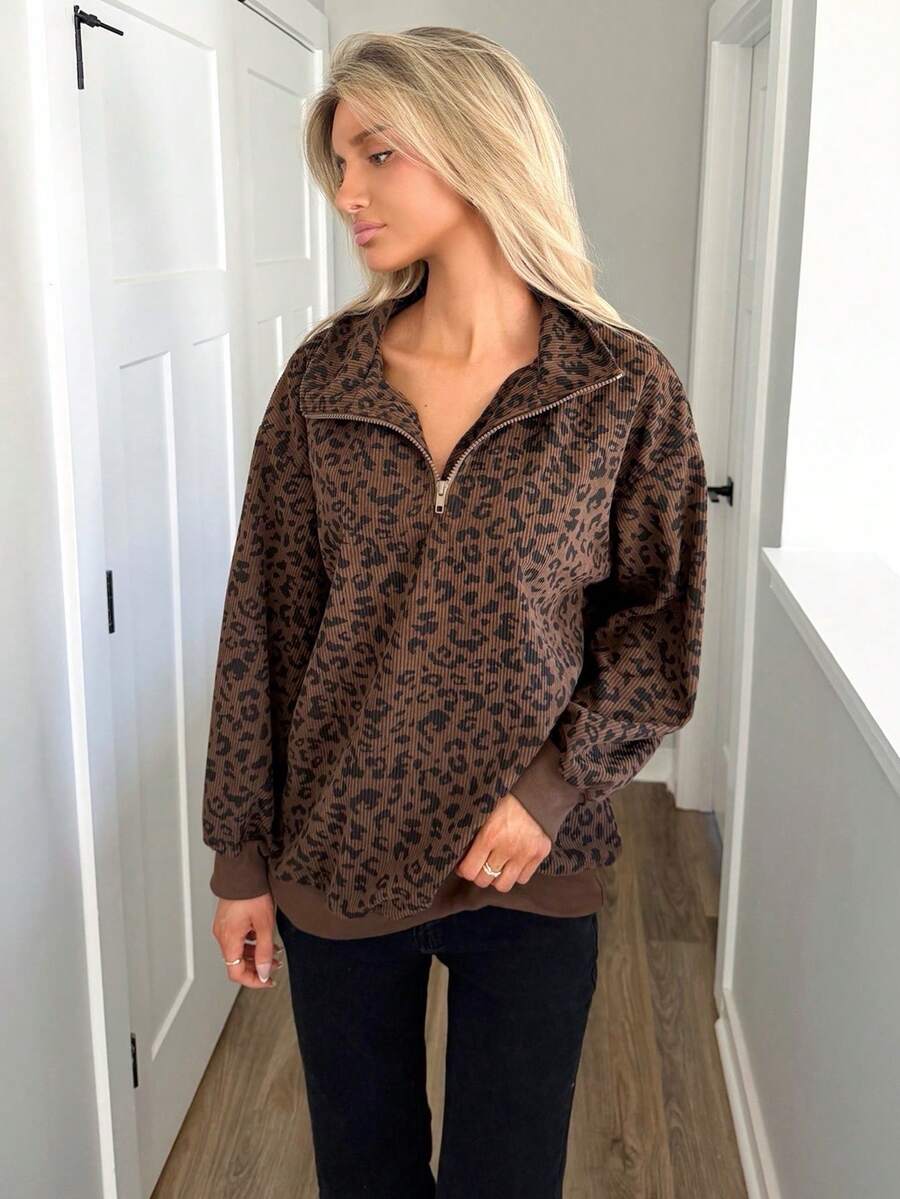 Sydney Algeri 女士休闲拉链长袖豹纹卫衣，秋季服装 - 棕色 - 查看 1