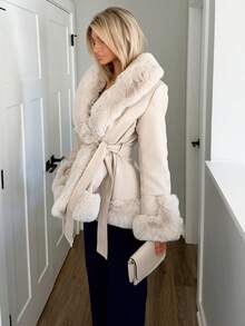 Sydney Algeri Fuzzy Collar Belted Coat - Beige - View 5