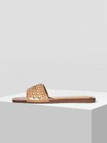 MOTF PREMIUM WOMEN'S FASHION STREET STYLE RIVET SQUARE TOE FLAT SANDALS SPRING SHOES SUMMER SHOES - Khaki - View 3