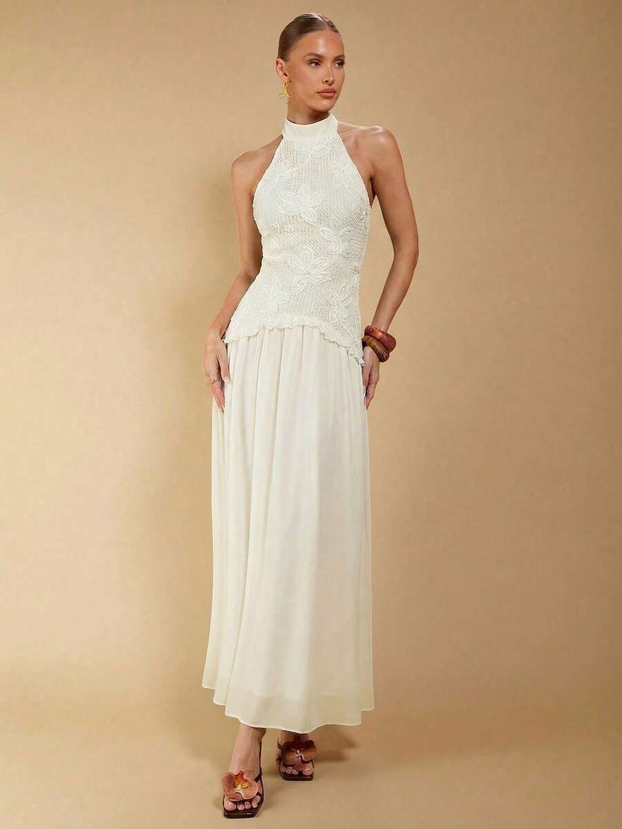 COSMINA Đầm chiffon không tay màu trắng thêu ren phối nhiều mảnh dành cho nữ, thanh lịch cho đám cưới, thường ngày, kỳ nghỉ, tiệc tùng, phong cách cổ điển tối giản. - trắng - Xem 1