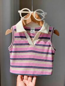 SHEIN Baby Girl Knitted Collared Striped Casual T-Shirt - Multicolor - View 3