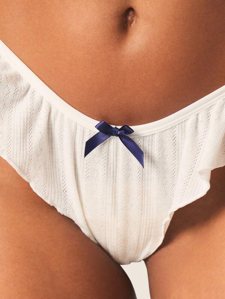 MISSGUIDED Pointelle Knit Thong With Contrast Bow Trim And Frill Detail Hipster Coverage Intimate Soft Elastic Waistband Underwear