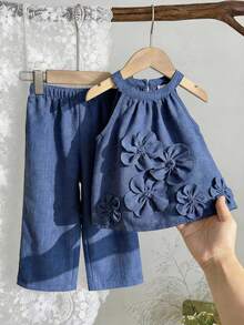 SHEIN LMoss Kids 2件套女婴梭织纯色无袖休闲上衣和打底裤套装 - 藍色 - 查看 6