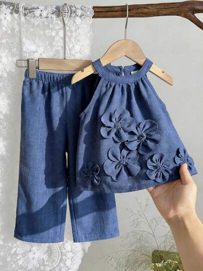 SHEIN 2pcs Baby Girl Woven Solid Color Sleeveless Casual Shirt And Leggings Set